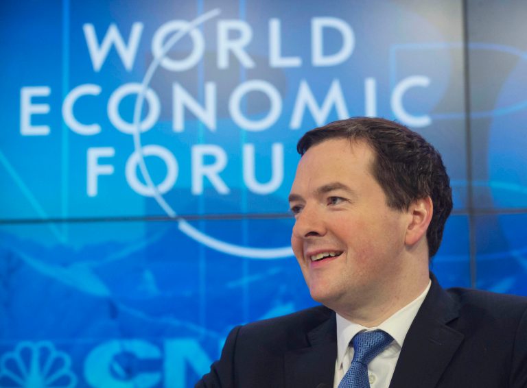 Britain's Chancellor of the Exchequer George Osborne smiles during a session at the World Economic Forum in Davos, Switzerland, Friday, Jan. 24, 2014. Leaders gathered in the Swiss ski resort of Davos have made it a top priority to push to reshape the global economy and cut global warming by shifting to cleaner energy sources. (AP Photo/Michel Euler)