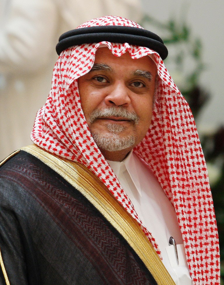 FILE - In this Wednesday, June 4, 2008 file photo, Saudi Prince Bandar bin Sultan seen at his palace in Riyadh, Saudi Arabia. Prince Sultan will return to the kingdom within days after spending around two months abroad for surgery and will return to his position as intelligence chief, including control of the Syrian dossier, said Saudi security officials late Sunday. (AP Photo/Hassan Ammar, File)