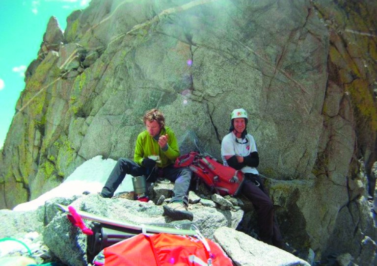 In this July 2012 photo provided by Galit Weiss, climber Gil Weiss, 29, left, and Ben Horne, 32, pose for a photo as they climb the Palcaraju Peak in Peru. Rescue coordinator Ted Alexander says a three-man team found the bodies of Weiss and Horne on Palcaraju in the Cordillera Blanca range on Saturday, July 28, 2012. Alexander says they died in a fall off a ridge after climbing the 20,000-foot (6,100-meter) west peak. (AP Photo/Courtesy of Galit Weiss)
