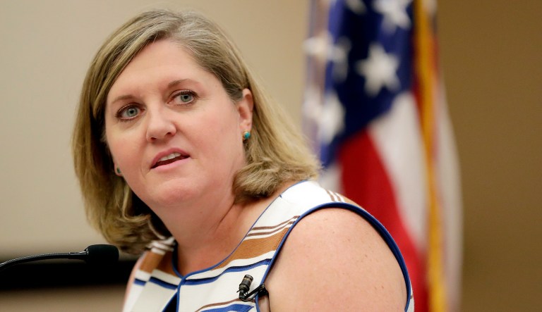 Democratic National Committee CEO Jess O'Connell did not give a reason Monday why she would be leaving the Democratic Party's governing body. (AP Photo/Matt York)