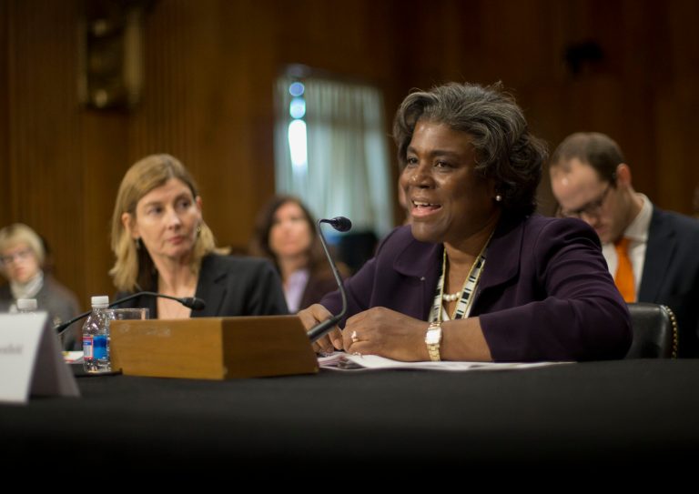 Assistant Secretary of State for African Affairs Linda Thomas-Greenfield, right, accompanied by U.S. Agency for International Development (USAID) Assistant Administrator for Bureau for Democracy Conflict and Humanitarian Assistance (DCHA) Nancy Lindborg, testifies on Capitol Hill in Washington, Thursday, Jan. 9, 2014, before the Senate Foreign Relations Committee hearing on situation in South Sudan. Thomas-Greenfield said ethnic atrocities are being committed on both sides and the government and rebel leaders need to solve their disputes through dialogue, and not fighting. (AP Photo/Pablo Martinez Monsivais)