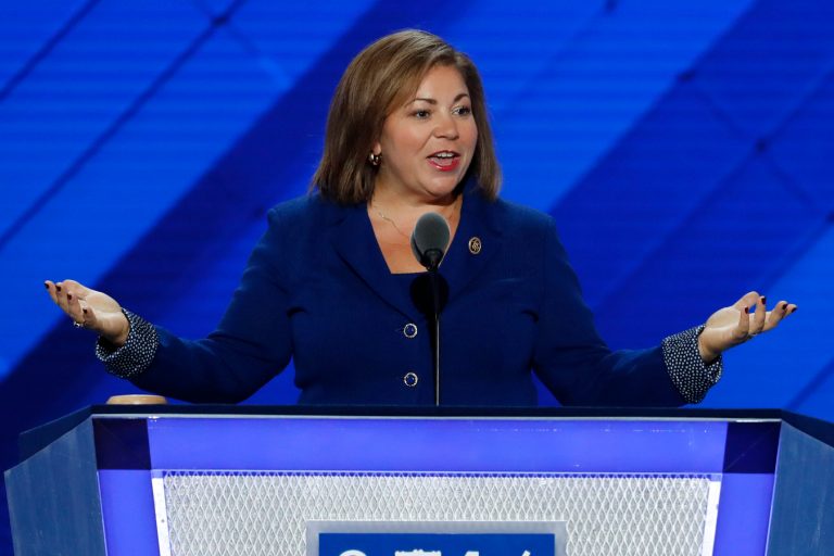 House Democratic Caucus Vice Chair Linda Sanchez tried a new twist on President Trump's famous slogan. (AP Photo/J. Scott Applewhite)