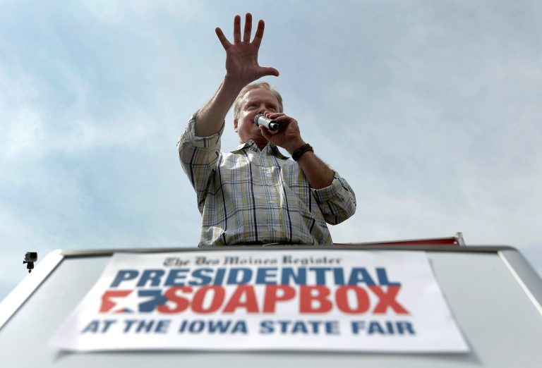 Democratic presidential candidate, former Virginia Sen. Jim Webb, speaks at the Iowa State Fair Thursday, Aug. 13, 2015, in Des Moines. (AP Photo/Charlie Riedel)