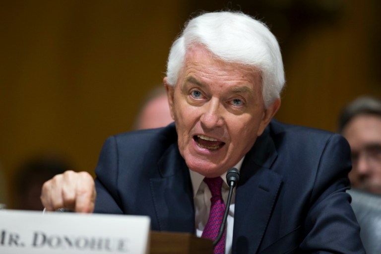 U.S. Chamber of Commerce President Tom Donohue testifies on Capitol Hill in Washington, Tuesday, April 21, 2015, before the Senate Finance Committee hearing on fast track authority.