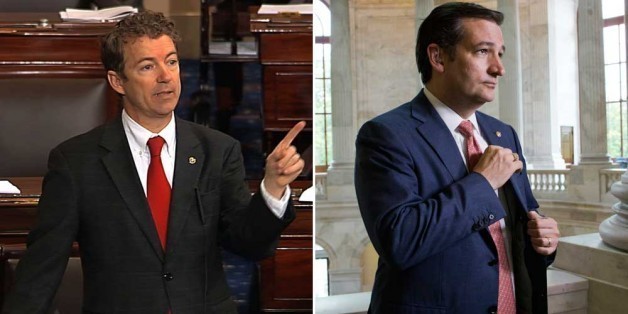 Sen. Rand Paul at left, Ted Cruz at right. AP Photos.