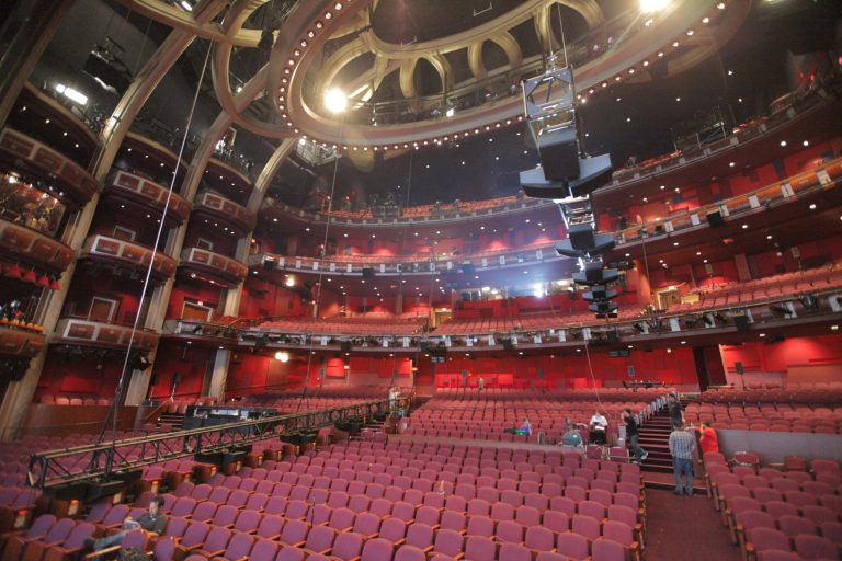   This undated image released by Dolby Laboratories shows the interior of the new Dolby Theatre as two overhead speaker trusses are lifted into place in Los Angeles. The posh 3,400-seat Hollywood & Highland Center home of the Academy Awards is officially christened with a new name and a state-of-the-art audiovisual system that can project 3-D imagery and blast sound from multiple perspectives. (AP Photo/Dolby Laboratories)  