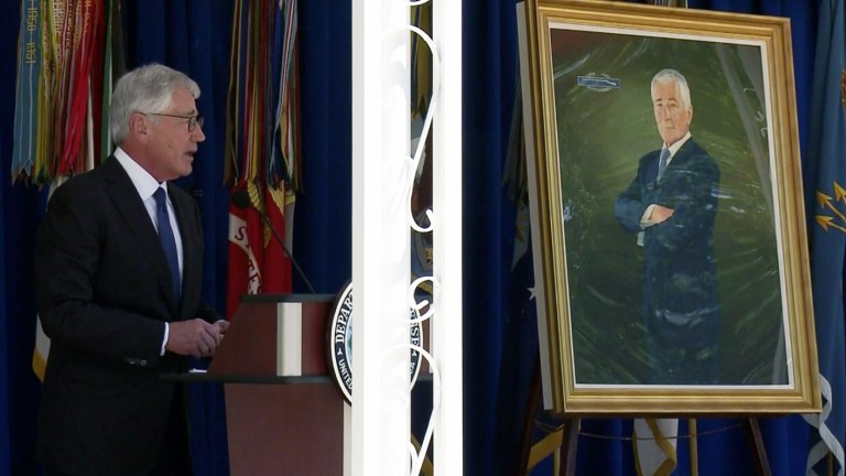 The Pentagon unveiled former Defense Secretary Chuck Hagel's official portrait on Friday. (Screen grab from Defense Department video)