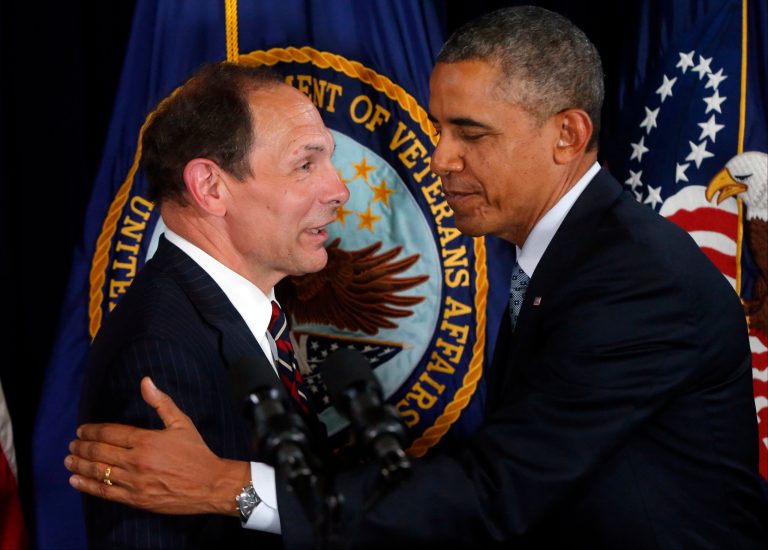 President Barack Obama nominates former Procter and Gamble executive Robert McDonald as the next Veterans Affairs secretary as he makes a statement to reporters at the Department of Veterans Affairs in Washington, Monday, June 30, 2014. If confirmed by the Senate, McDonald would succeed Eric Shinseki, the retired four-star general who resigned last month as the scope of the issues at veterans' hospitals became apparent. (AP Photo/Charles Dharapak)