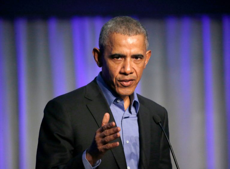 Former President Barack Obama address the participants at a summit on climate change involving mayors from around the globe Tuesday, Dec. 5, 2017, in Chicago. The conference comes after President Trump said the U.S. will pull out of the Paris agreement. (AP Photo/Charles Rex Arbogast)