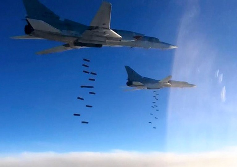Russian jets bombed an area of northern Syria Tuesday killing an undisclosed number of U.S.-backed Syrian fighters. (Russian Defense Ministry Press Service via AP)