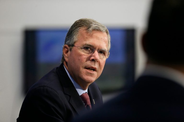 Republican presidential candidate former Florida Gov. Jeb Bush speaks during a forum sponsored by Americans for Peace, Prosperity and Security, Thursday, Aug. 13, 2015, at St. Ambrose University in Davenport, Iowa. (AP Photo/Charlie Neibergall)