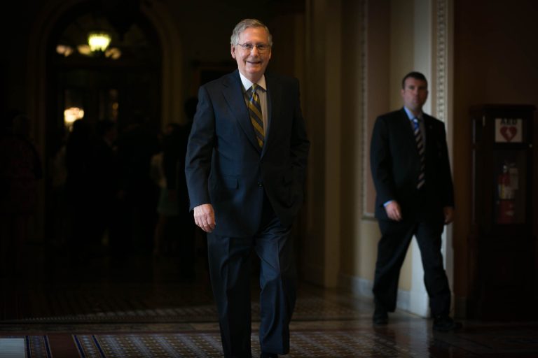 Senate Majority Leader Mitch McConnell was re-elected to the top leadership post unanimously Wednesday morning by Republican lawmakers in a closed-door meeting. (Graeme Jennings/Examiner)