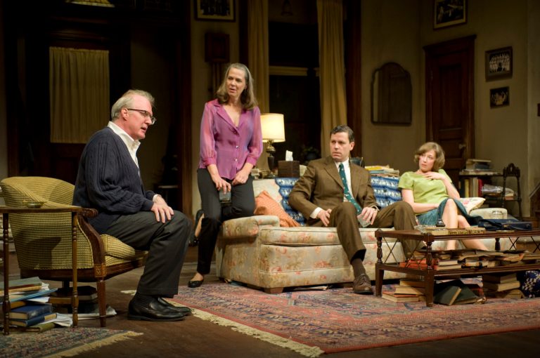   This theater image released by Jeffrey Richards Associates shows, from left, Tracy Letts, Amy Morton, Madison Dirks and Carrie Coon during a performance of Edward Albee's Who's Afraid of Virginia Woolf at the Booth Theatre in New York. (AP Photo/Jeffrey Richards Associates, Michael Brosilow)  