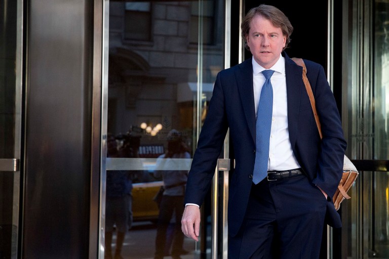 Attorney Don McGahn leaves the Four Seasons hotel in New York after a GOP fundraiser. (AP Photo/Mary Altaffer)