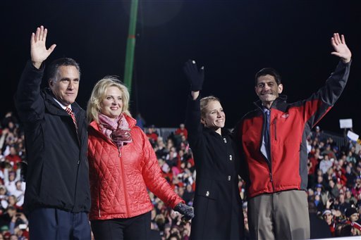 Republican presidential candidate and former Massachusetts Gov. Mitt Romney, his wife Ann Romney, Republican vice presidential candidate Rep. Paul Ryan, and his wife Janna Ryan campaign at The Square at Union Centre in West Chester, Ohio, Friday, Nov. 2, 2012. (AP Photo/Charles Dharapak)