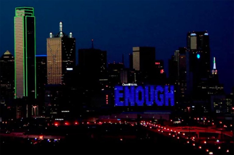 Images captured on social media show the city's Omni Hotel lit up Sunday night. (Photo courtesy of Twitter)