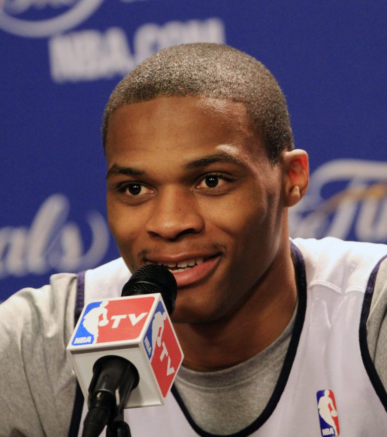   Oklahoma City Thunder point guard Russell Westbrook reacts to a question during a news conference Saturday, June 16, 2012, in Miami. The Thunder play the Miami Heat in Game 3 of the NBA basketball finals on Sunday. (AP Photo/Alan Diaz)  
