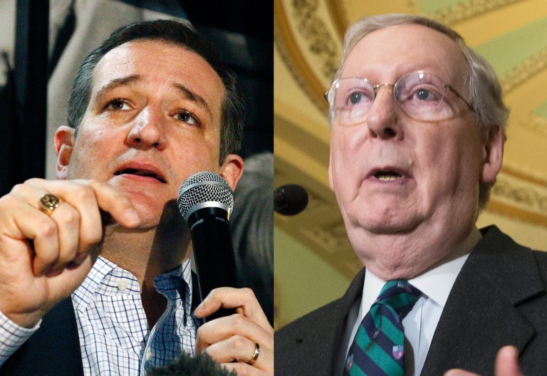 Texas Sen. Ted Cruz, who won his seat on a Tea Party platform, has been bucking the GOP leadership since his arrival in the Senate in 2013, including by filibustering on the Senate floor and publicly denouncing Senate Majority Leader Mitch McConnell, R-Ky. (AP Photos)
