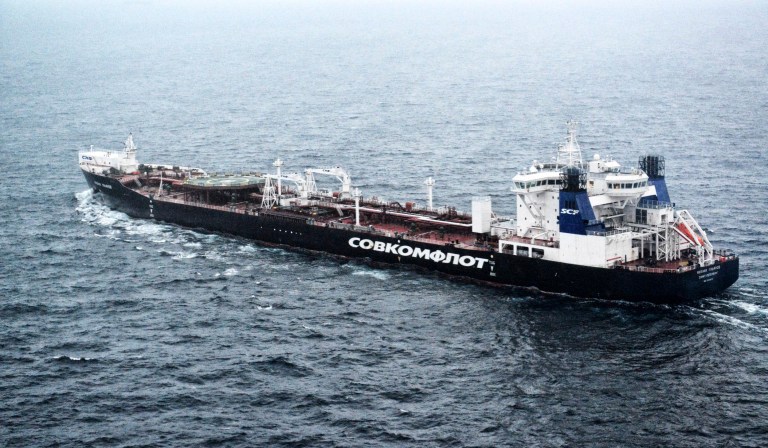 This image made available by environmental organization Greenpeace on Monday, April 28, 2014 shows the Mikhail Ulyanov oil tanker on its way from the Prirazlomnaya oil drilling platform in the Pechora Sea to Rotterdam, Netherlands. Greenpeace International said Monday it has sent the 'Rainbow Warrior III' to protest the arrival of the Russian-flagged tanker that is bringing the first oil produced at a new Russian offshore platform in the Arctic circle to Rotterdam. Greenpeace spokesman Arin de Hoog could not immediately say when the two vessels are expected to meet and what form the protest will take. (AP Photo/Dmitrij Leltschuk, Greenpeace) NO SALES NO ARCHIVE