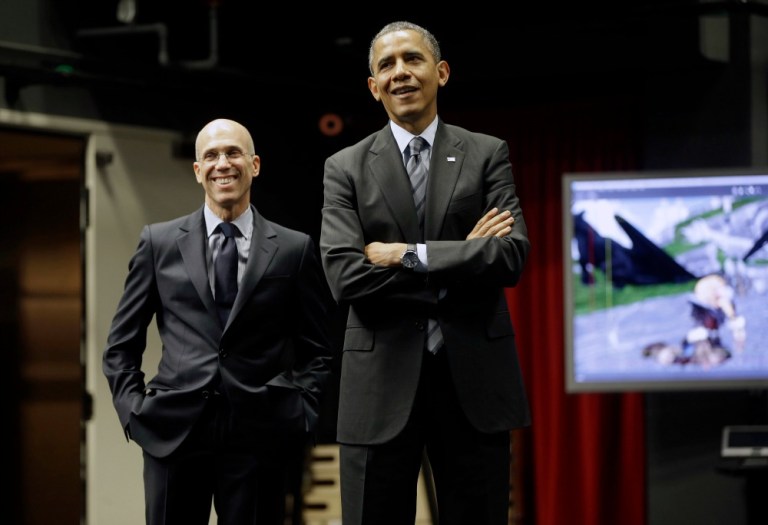 Deadline.com reported that President Obama and Jeffrey Katzenberg were joined by superstar Will Smith and Walt Disney Studio's Chairman Alan Horn. (AP Photo)