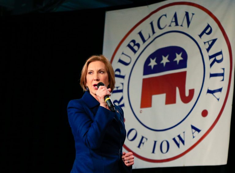 Republican presidential candidate Carly Fiorina speaks at the Iowa GOP's Growth and Opportunity Party at the Iowa state fair grounds in Des Moines, Iowa. She and nine other GOP candidates attended the event on Saturday, Oct. 31, 2015. (AP Photo/Nati Harnik)