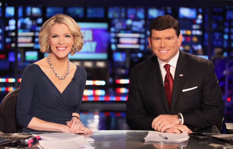 In a March 6, 2012 photo provided by Fox News, Fox News anchors Megyn Kelly and Bret Baier are seated at the anchor desk at the Fox New York Studios.  Four years ago, Megyn Kelly roved the Democratic and Republican convention floors as a reporter for Fox News Channel. Starting Monday, Aug. 27, 2012,  in Tampa, Fla., she'll be in Fox's booth as co-anchor with Bret Baier for the 2012 meetings. (AP Photo/Fox News, Alex Kroke)