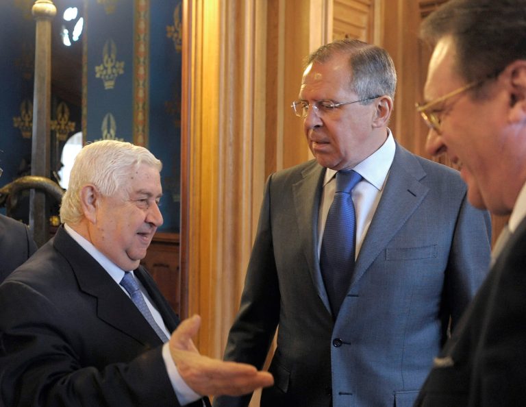   FILE - In this Tuesday, April 10, 2012 file pool photo, from left: Syrian Foreign Minister Walid Muallem, Russian Foreign Minister Sergey Lavrov and Russian Deputy Foreign Minister Mikhail Bogdanov meet in Moscow. Russia's deputy foreign minister Mikhail Bogdanov said Thursday, Dec. 13, 2012, that President Bashar Assad is losing control over Syria and his opponents may win, the first acknowledgement by Assad's main ally that he faces a likely defeat. (AP Photo, pool, file)  