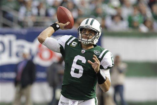 New York Jets quarterback Mark Sanchez throws a pass during the first quarter of an NFL football game against the Buffalo Bills Sunday, Nov. 27, 2011 in East Rutherford, N.J. 