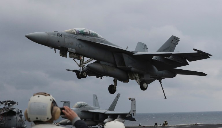 A U.S. F/A-18 Super Hornet shot down a Syrian Su-22 near Raqqa on June 18. (AP Photo/Lee Jin-man)