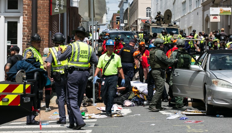Communism and hardline socialism also play increasingly destructive roles in motivating acts of domestic violence. This was on display at the counter-protest in Charlottesville on Saturday. (Graeme Jennings/Washington Examiner)