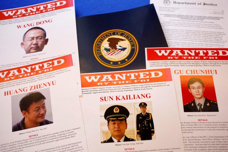 Wanted posters for the accused Chinese military hackers. (AP)