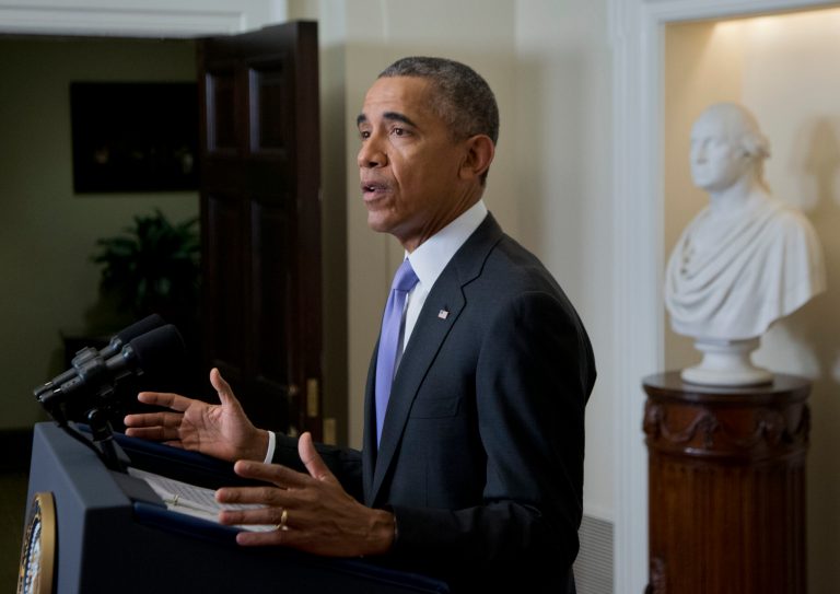 President Barack Obama makes a statement on the release of Americans by Iran, Sunday in the Cabinet Room of the White House in Washington. (AP Photo/Manuel Balce Ceneta)