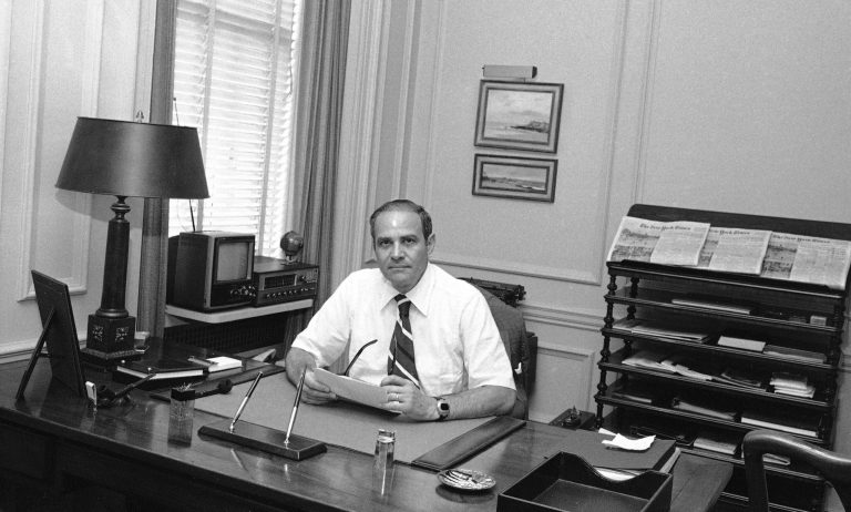 FILE - This July 20, 1977 file photo shows New York Times publisher Arthur Ochs Sulzberger in his office in New York. Sulzberger has died at age 86. The newspaper reports that his family says Sulzberger died Saturday, Sept. 29, 2012, at his home in Southampton, N.Y., after a long illness. He had retired in 1992 after three decades at the paper's helm and was succeeded by his son, Arthur Jr. (AP Photo/Ray Howard, File)