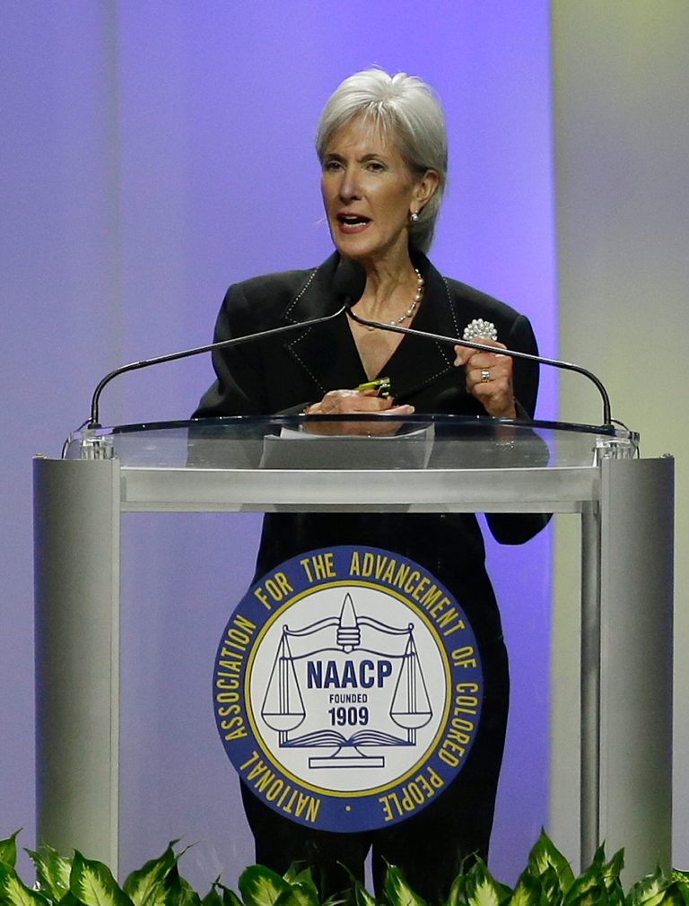 Kathleen Sebelius, secretary of the Department of Health and Human Services, speaks at the annual NAACP convention, Tuesday, July 16, 2013, in Orlando, Fla. (AP Photo/John Raoux)