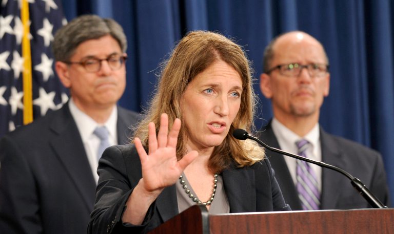 Health and Human Services Secretary Sylvia Burwell, center, flanked by Treasury Secretary and Managing Trustee Jacob J. Lew, left, and Labor Secretary Thomas E. Perez, speaks at a news conference at the Treasury Department in Washington, Monday, July 28, 2014, to discuss the release of the annual Trustees Reports. (AP Photo/Susan Walsh)
