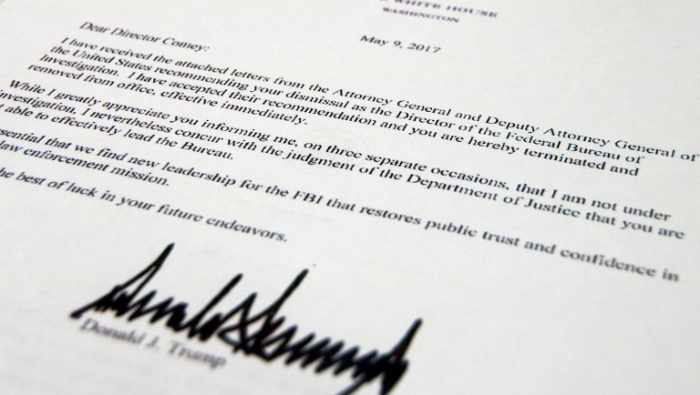 The termination letter from President Trump to FBI Director James Comey. In the letter to Comey, Trump said the firing was necessary to restore 