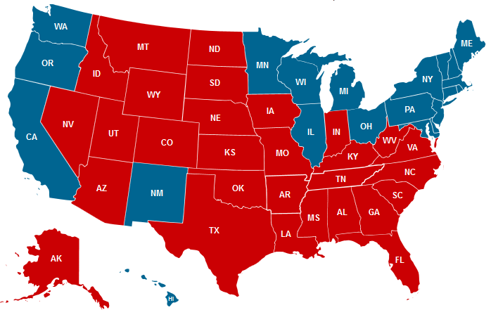 This scenario, which may not be too far-flung, would cause a tie in the Electoral College between Mitt Romney (red) and Barack Obama (blue). Image from CNN's Electoral College calculator.