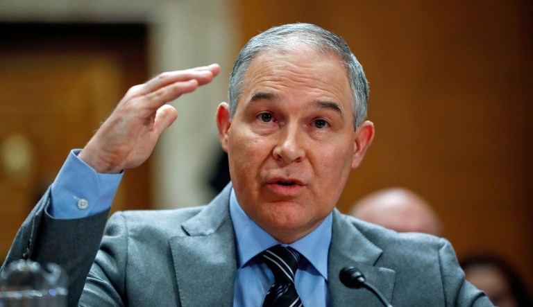 Scott Pruitt on Tuesday again flew first class to New Hampshire for a private meeting with Gov. Chris Sununu and visits to a paper products company and a federal Superfund site. (AP Photo/Pablo Martinez Monsivais)