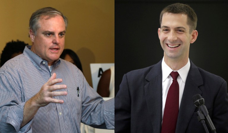 Despite more than $9 million in spending by Democratic outside groups against him, Rep. Tom Cotton, R-Ark. (right), is currently leading his Democratic opponent, incumbent Sen. Mark Pryor, D-Ark. (left), by five points, according to new data from Public Policy Polling, a Democratic polling firm. (AP Photos/Danny Johnston)