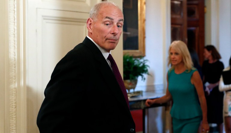 Kelly, who was sworn in on Monday, stressed work ethic while warning them against leaking information to the press. (AP Photo/Alex Brandon)