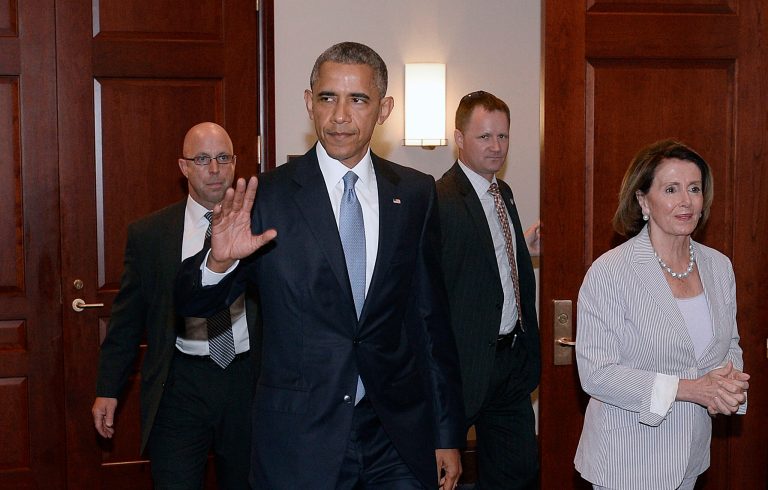 President Obama and House Minority Leader Nancy Pelosi leave the Gabriel Zimmerman room on Capitol Hill, June 12, 2015 in Washington, D.C. (Photo by Olivier Douliery-Pool/Getty Images)