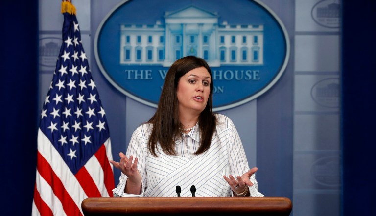 Sanders disputed suggestions that the president has remained in hiding this week amid controversy. (AP Photo/Alex Brandon)