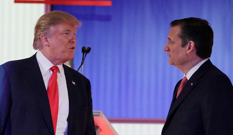Trump leads Ted Cruz, 34 percent to 23 percent, in Iowa. That's a 15 point swing from Jan. 8, when a Fox poll said Cruz led Trump 27-23. (AP photo/Chuck Burton)