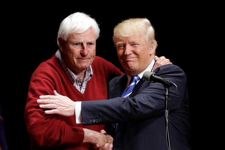 Donald Trump says former Indiana basketball coach Bob Knight will appear at the GOP convention. (AP Photo/Darron Cummings)