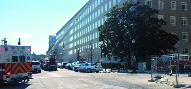 Fire trucks, ambulances and Capitol Police vehicles are stationed outside the Ford House Office Building, just a couple blocks from the Capitol, after a report of potential explosion or fire Sunday around noon. (Sunday, Feb. 24, 2013)