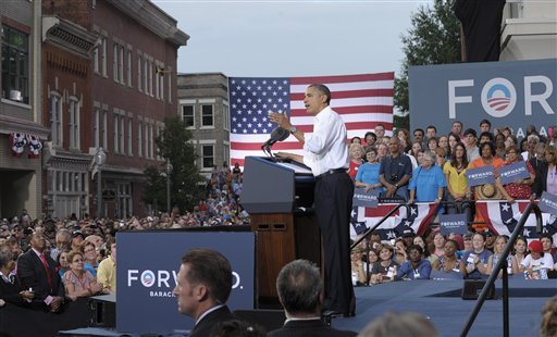 President Barack Obama speaks at a campaign event outside Roanoke Fire Station #1 in Roanoke, Va., Friday, July 13, 2012. Obama is spending the day campaigning in Virginia. (AP Photo/Susan Walsh)