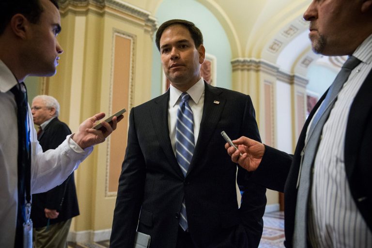 Marco Rubio endorses Mitch McConnell over Tea Party challenger Florida Senator Marco Rubio joins fellow Tea Party senator Rand Paul in getting behind Mitch McConnell's run. (Photo by Andrew Burton/Getty Images)