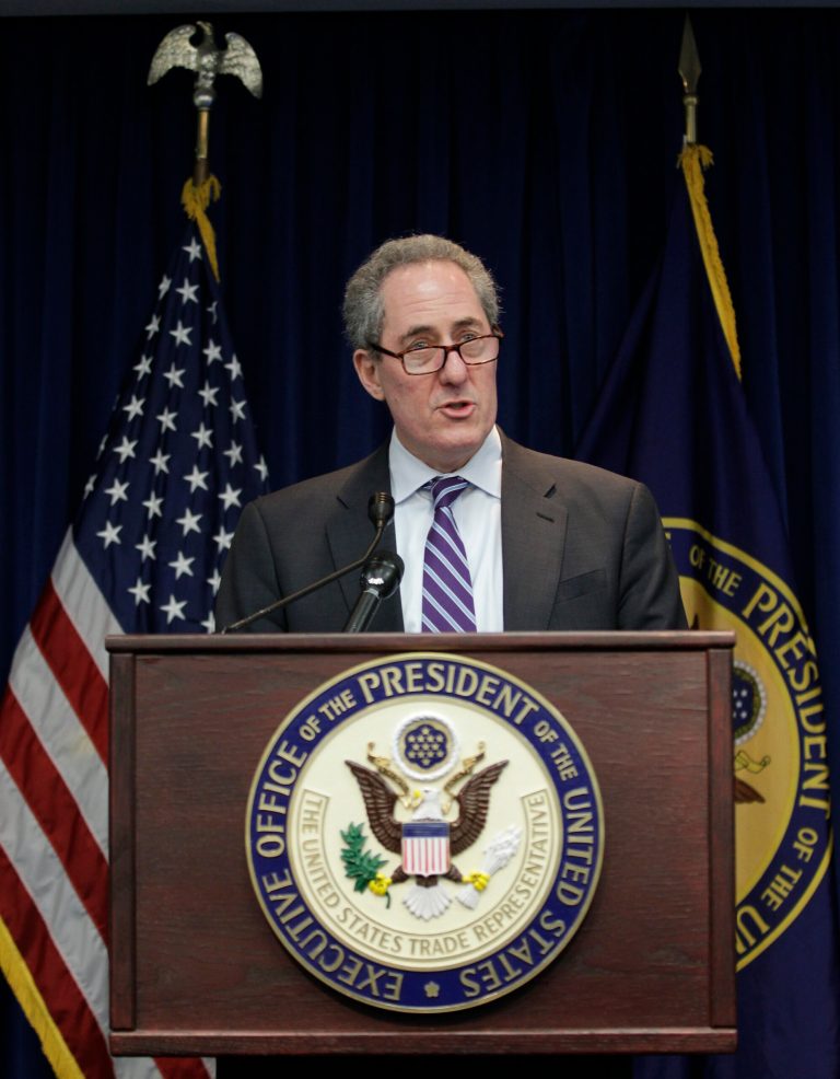 U.S. Trade Representative Michael Froman announces a trade enforcement action related to India,  Feb. 10, 2014, during a news conference at the US Trade Representative's office in Washington.(AP Photo/Luis M. Alvarez)