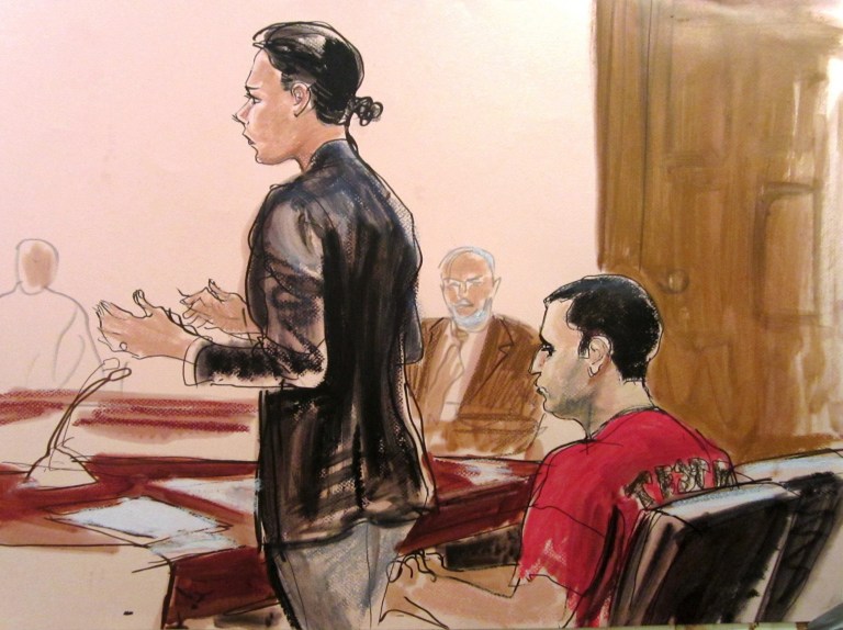 FILE - In this Oct. 25, 2012, file courtroom drawing, Federal Defender Julie Gatto requests bail for her client, New York City Police Officer Gilberto Valle, right, at Manhattan Federal Court in New York. The FBI claims its analysis found that 40 of Valle's emails and chats were evidence he wanted to abduct, torture and eat women. But an agent also testified on Wednesday, Feb. 27, 2013 at Valle's federal trial that there were thousands of others the FBI concluded were mere fantasy, even though they contain the same ghoulish elements. (AP Photo/Elizabeth Williams, File)