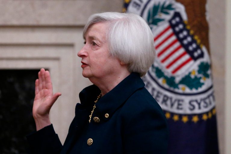 Janet Yellen is sworn in as Federal Reserve Board Chair,  in Washington, Monday, Feb. 3, 2014, the first woman to lead the Federal Reserve. (AP Photo/Charles Dharapak)